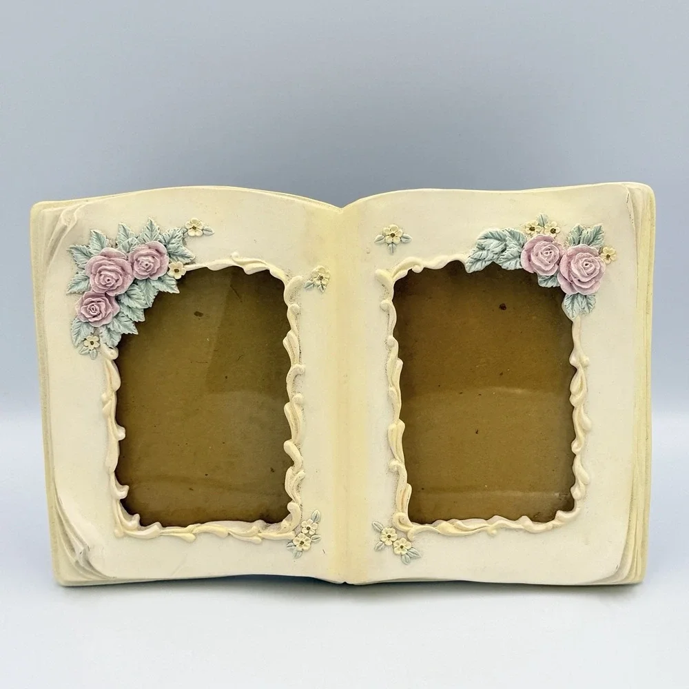 VTG Floral Double 3x4 Photo Frame Book Shaped Roses Shabby Chic Cottagecore